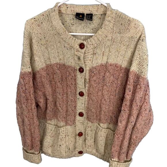 Vintage 90s LIZ CLAIBORNE Cardigan Women Cable Chunky Knit Wool Sweater Cream S - Picture 1 of 16